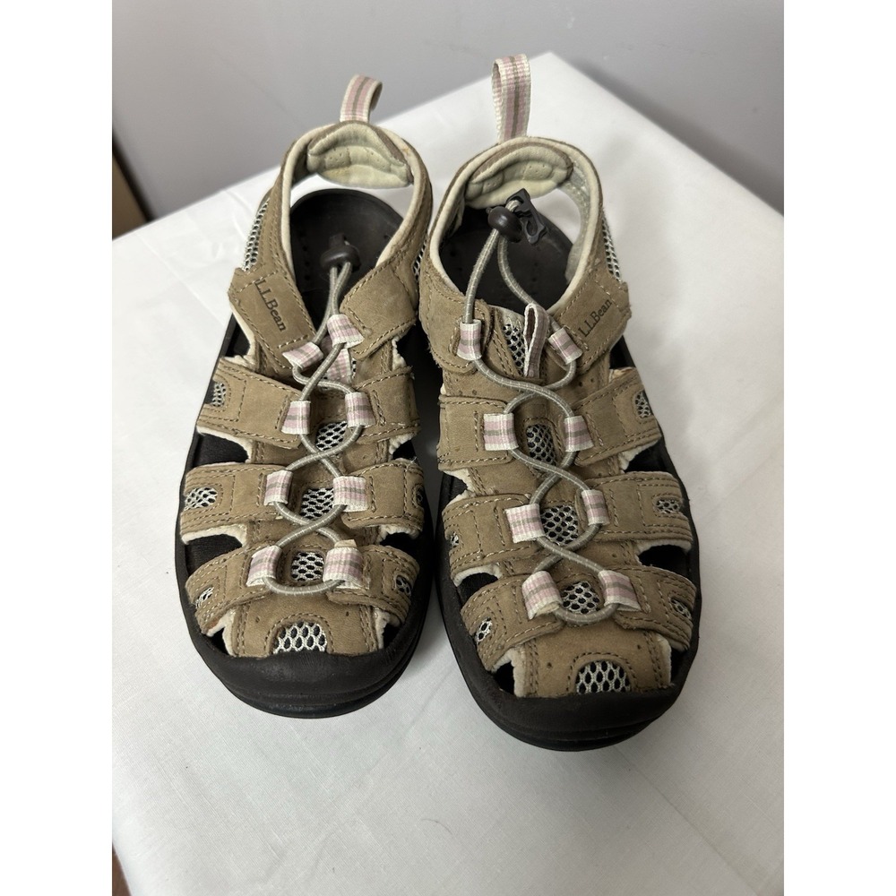 LL Bean Hiking Water‎ Sandals Shoes Women Sz 7 Outdoors Tan Pull Tab EUC